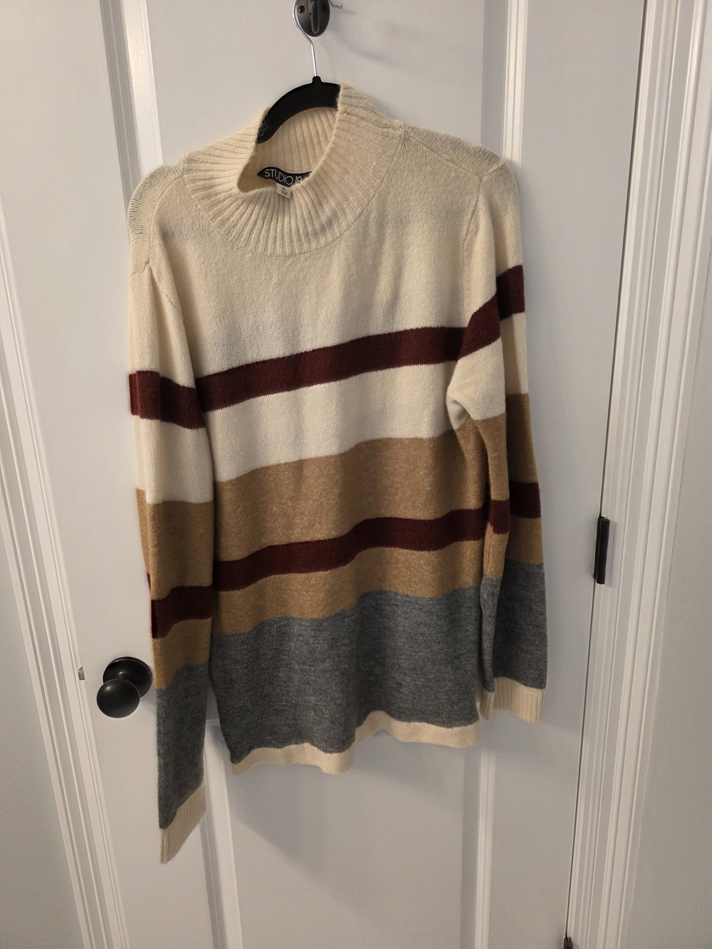 Studio 19 Striped Crewneck Sweater in Cream, Burgundy, Camel and Gray